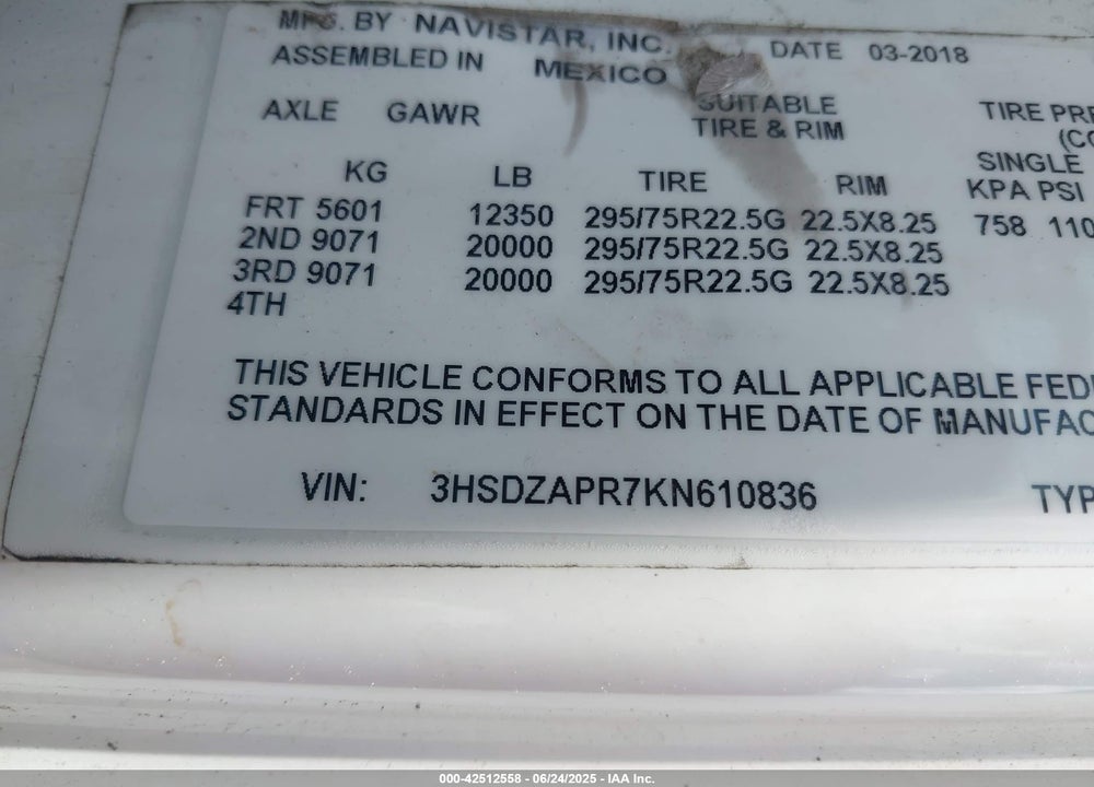 2019 INTERNATIONAL LT VIN: 3HSDZAPR7KN610836