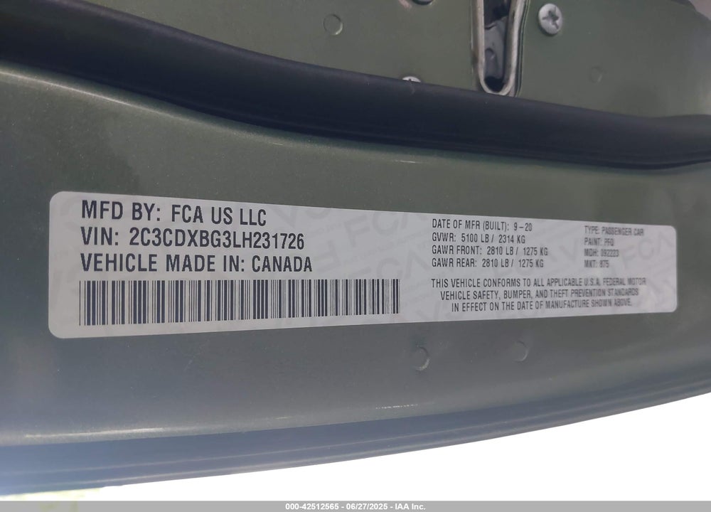 2020 DODGE CHARGER SXT RWD VIN: 2C3CDXBG3LH231726