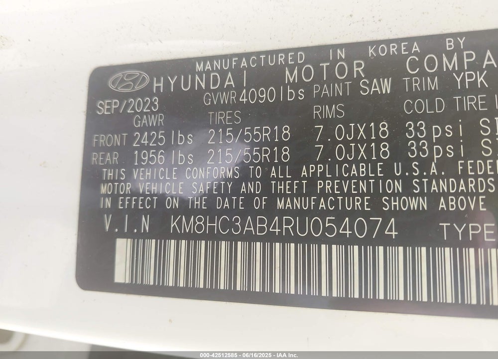 2024 HYUNDAI KONA VIN: KM8HC3AB4RU054074