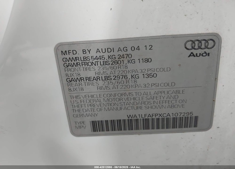 2012 AUDI Q5 VIN: WA1LFAFPXCA107295