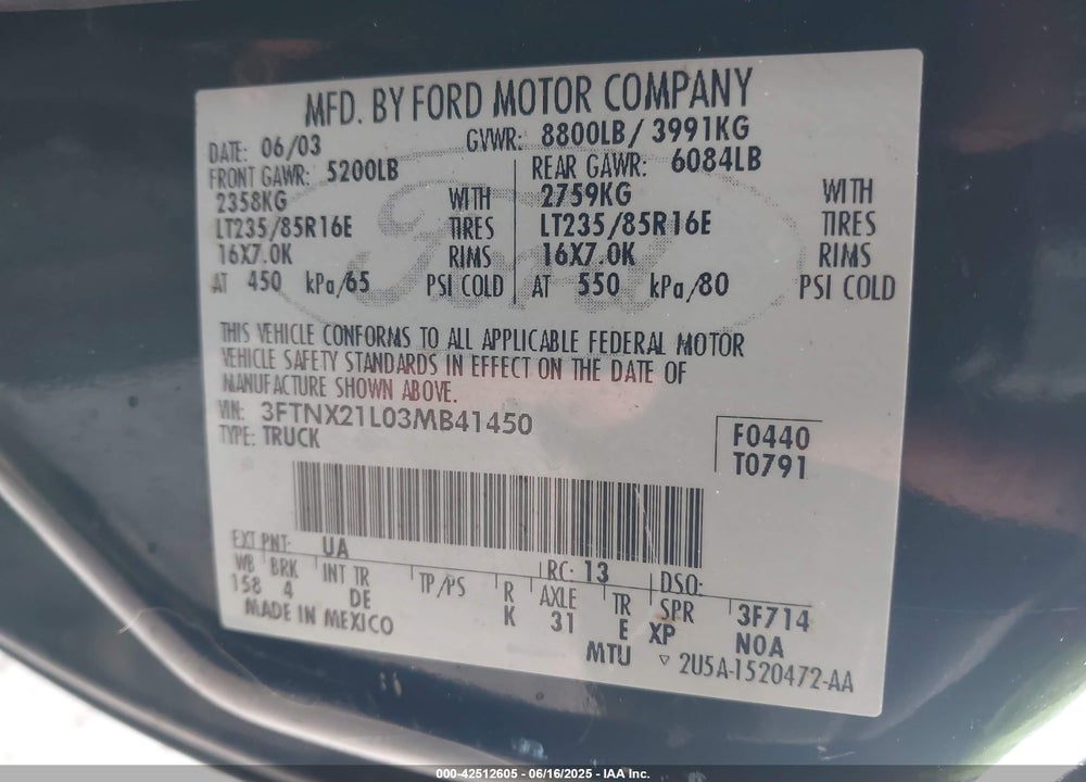 2003 FORD F-250 LARIAT/XL/XLT VIN: 3FTNX21L03MB41450