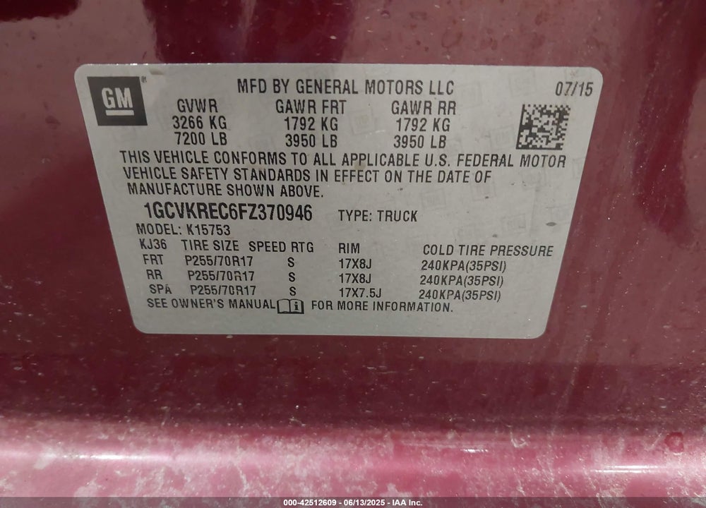 2015 CHEVROLET SILVERADO 1500 VIN: 1GCVKREC6FZ370946