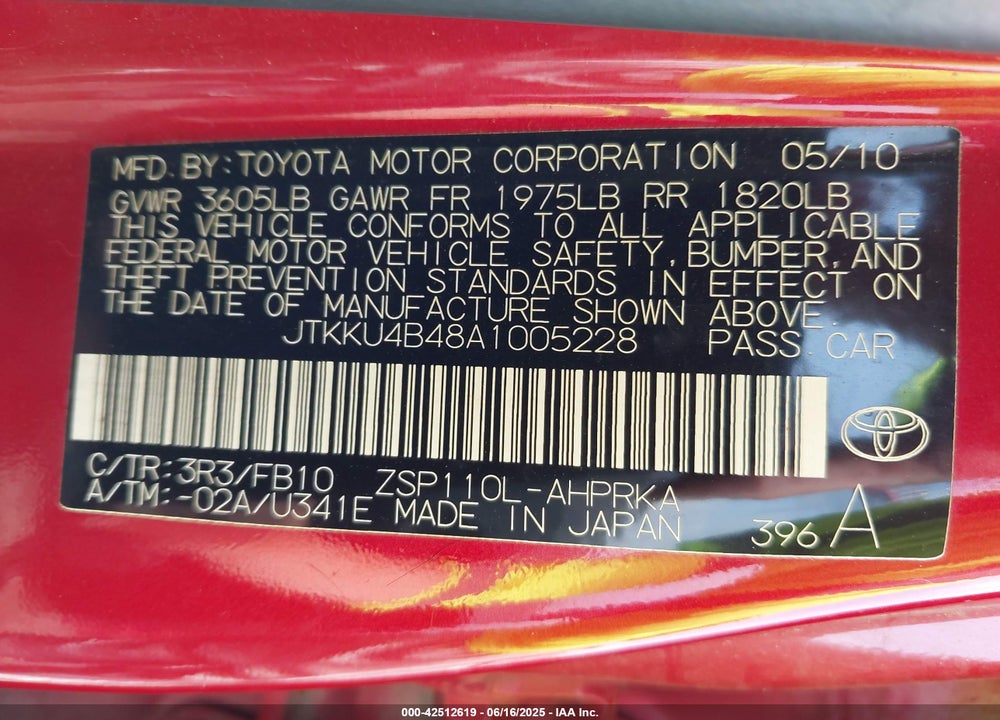 2010 TOYOTA SCION XD VIN: JTKKU4B48A1005228