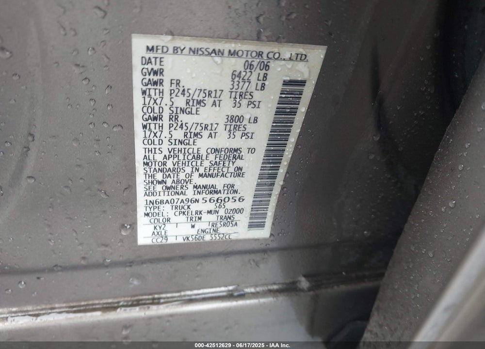 2006 NISSAN TITAN XE VIN: 1N6BA07A96N566056