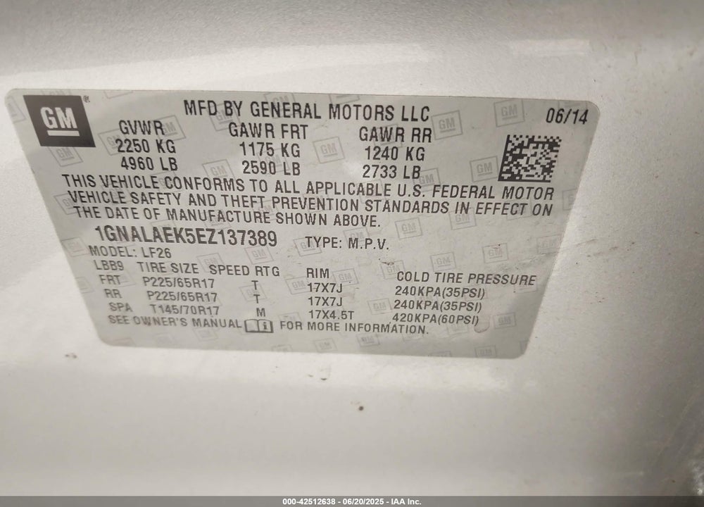 2014 CHEVROLET EQUINOX VIN: 1GNALAEK5EZ137389