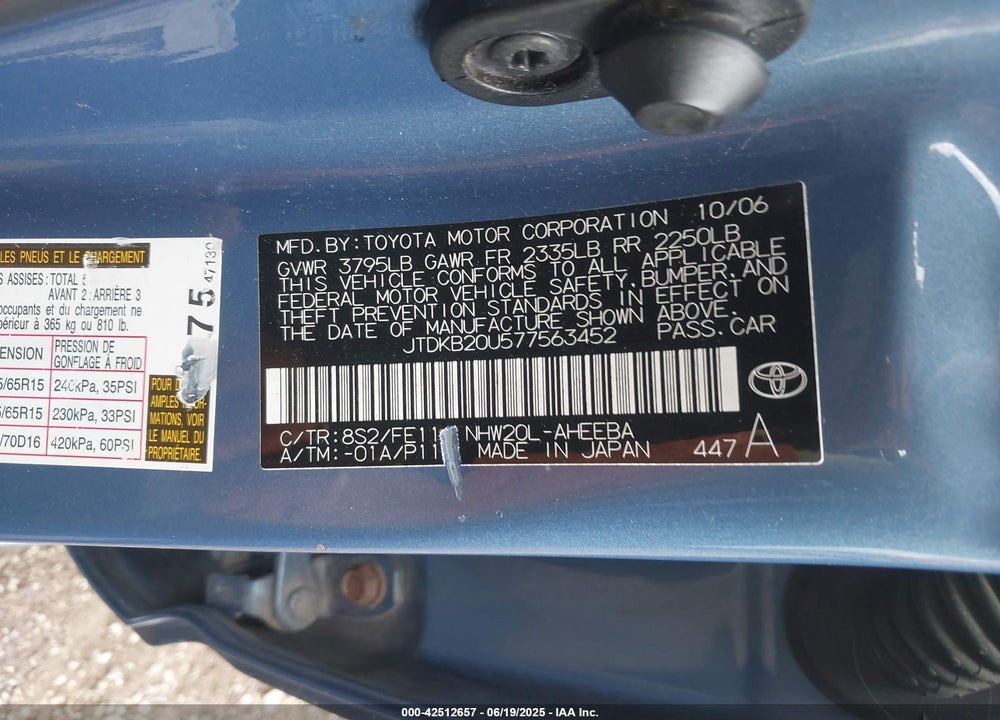 2007 TOYOTA PRIUS VIN: JTDKB20U577563452