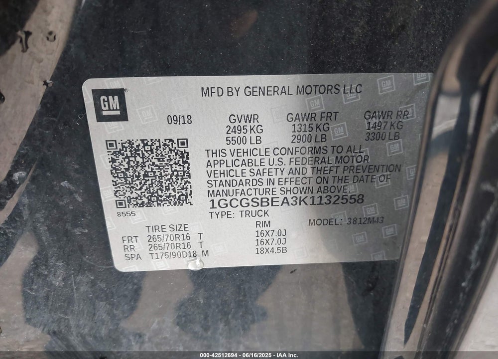 2019 CHEVROLET COLORADO VIN: 1GCGSBEA3K1132558