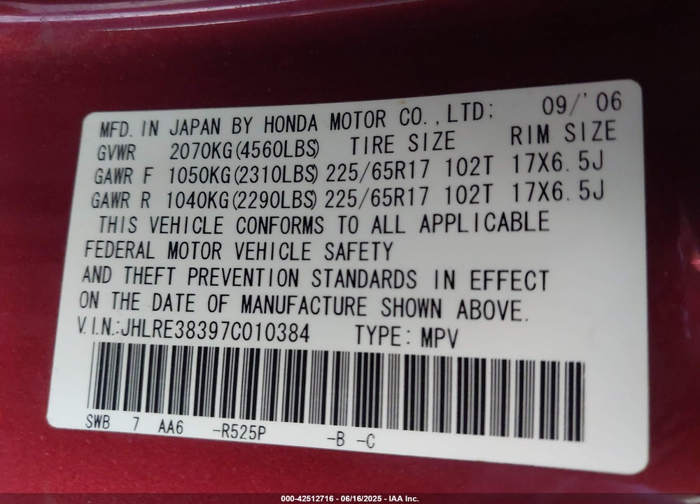 2007 HONDA CR-V LX VIN: JHLRE38397C010384