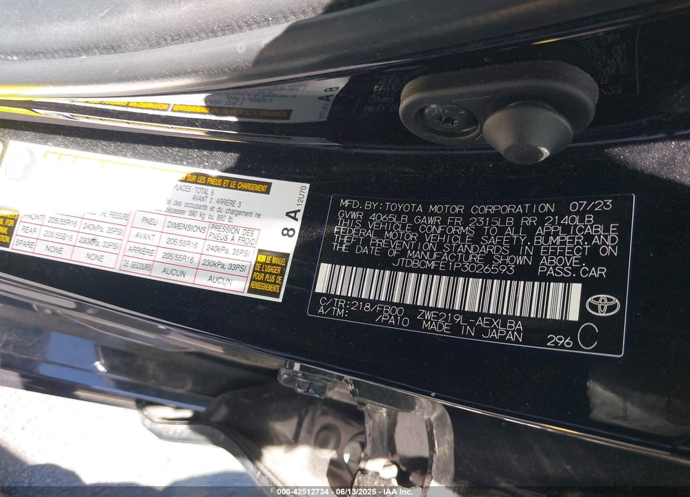 2023 TOYOTA COROLLA HYBRID LE VIN: JTDBCMFE1P3026593