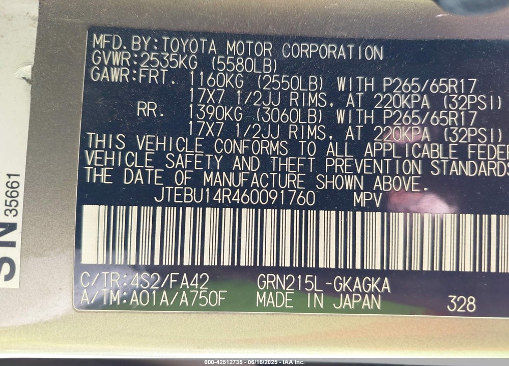 2006 TOYOTA 4RUNNER SR5 V6 VIN: JTEBU14R460091760