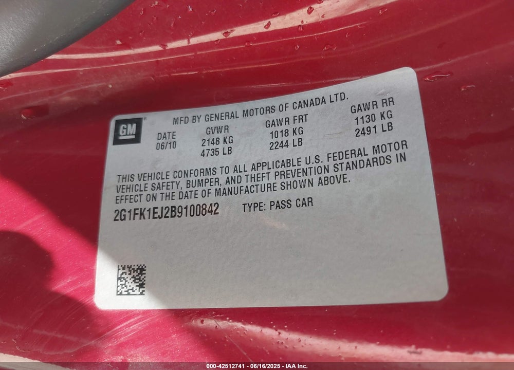 2011 CHEVROLET CAMARO VIN: 2G1FK1EJ2B9100842