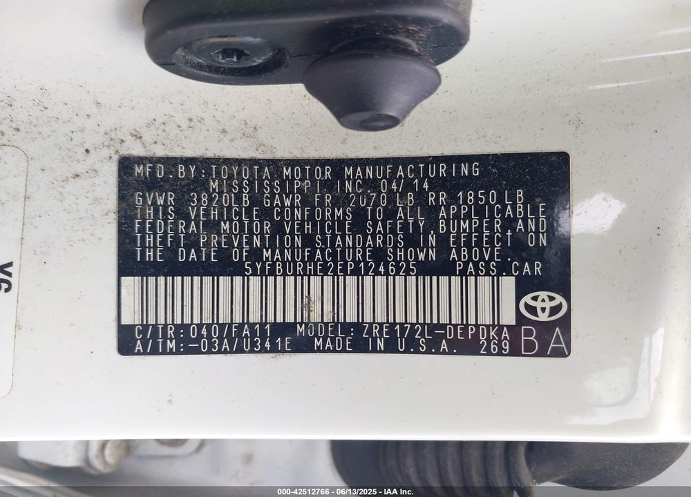 2014 TOYOTA COROLLA VIN: 5YFBURHE2EP124625