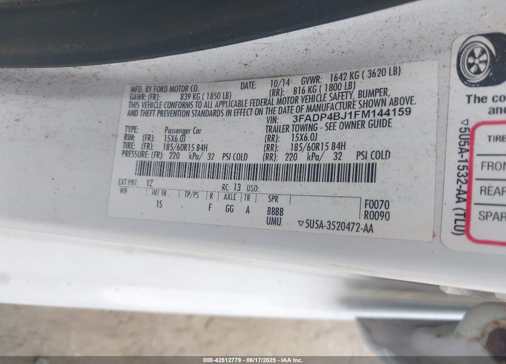 2015 FORD FIESTA VIN: 3FADP4BJ1FM144159