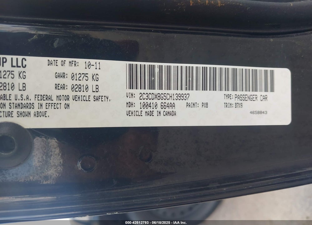 2012 DODGE CHARGER VIN: 2C3CDXBG5CH139937