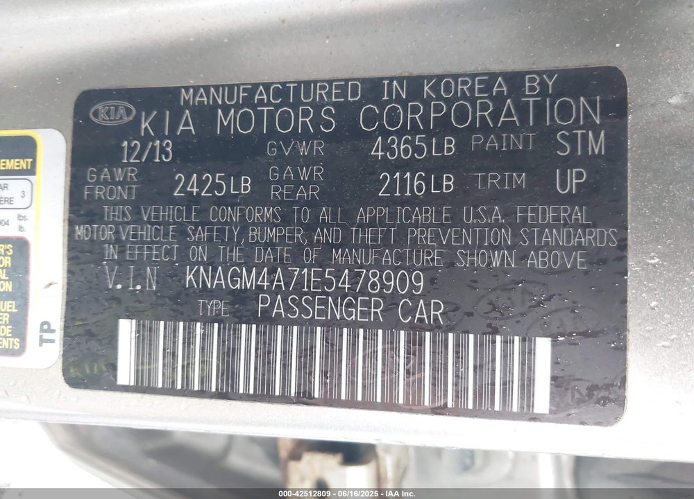 2014 KIA OPTIMA VIN: KNAGM4A71E5478909