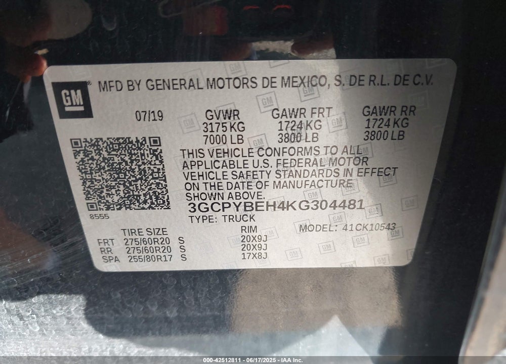 2019 CHEVROLET SILVERADO VIN: 3GCPYBEH4KG304481