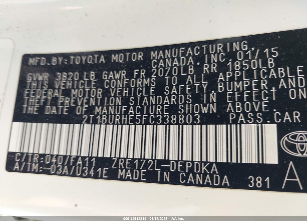 2015 TOYOTA COROLLA VIN: 2T1BURHE5FC338803