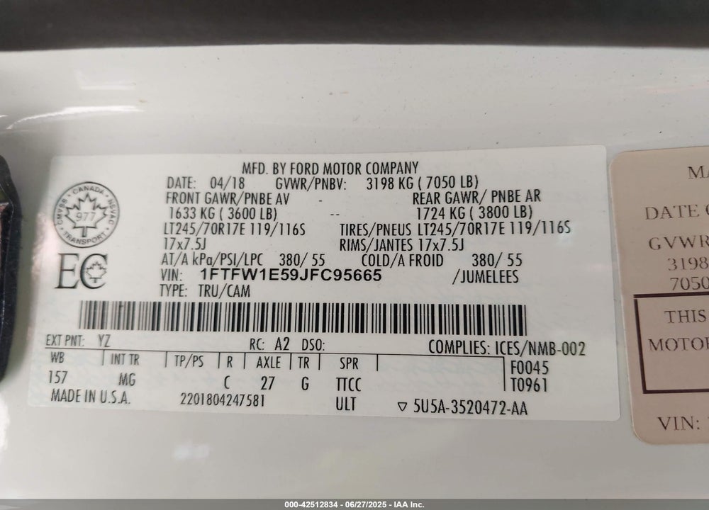 2018 FORD F-150 VIN: 1FTFW1E59JFC95665
