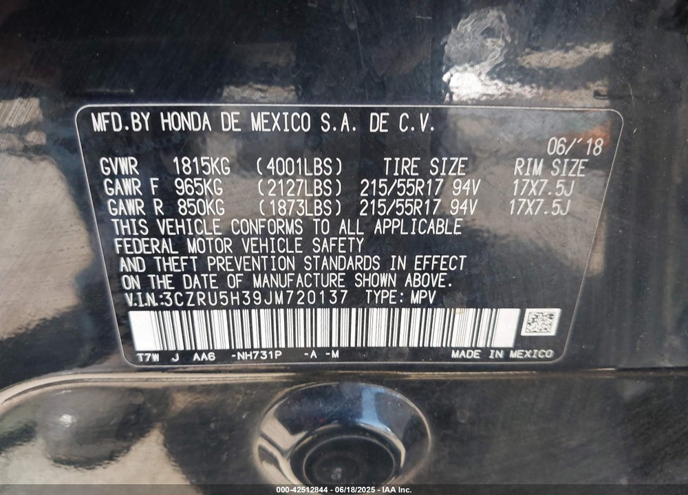 2018 HONDA HR-V VIN: 3CZRU5H39JM720137