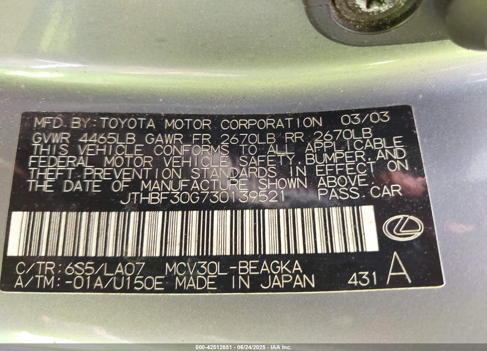 2003 LEXUS ES 300 VIN: JTHBF30G730139521