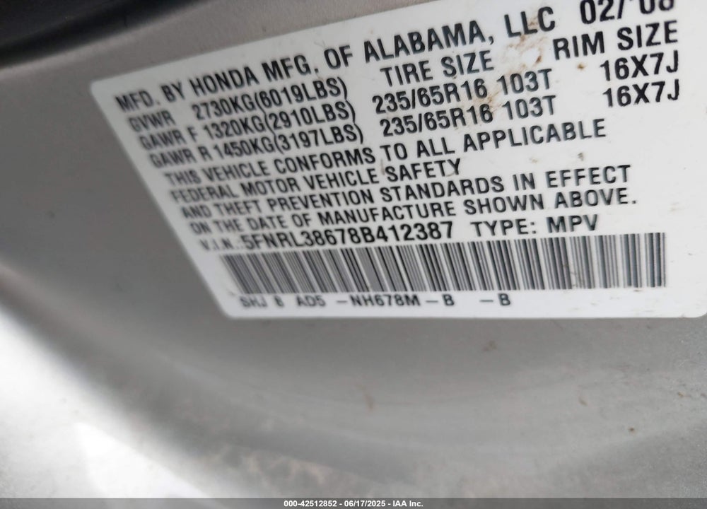 2008 HONDA ODYSSEY VIN: 5FNRL38678B412387