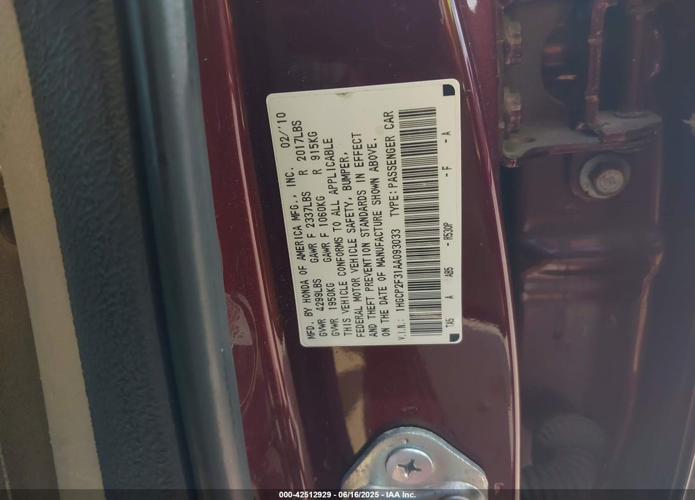 2010 HONDA ACCORD 2.4 LX VIN: 1HGCP2F31AA093033