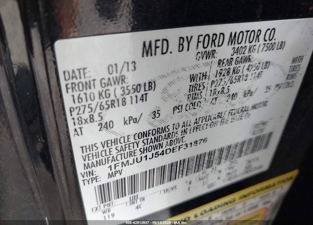 2013 FORD EXPEDITION XLT VIN: 1FMJU1J54DEF31876