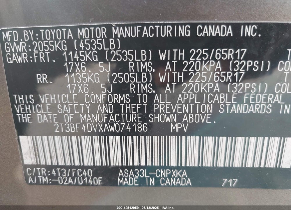 2010 TOYOTA RAV4 VIN: 2T3BF4DVXAW074186