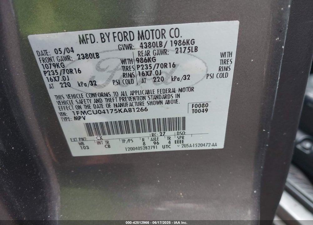 2005 FORD ESCAPE LIMITED VIN: 1FMCU04175KA81266