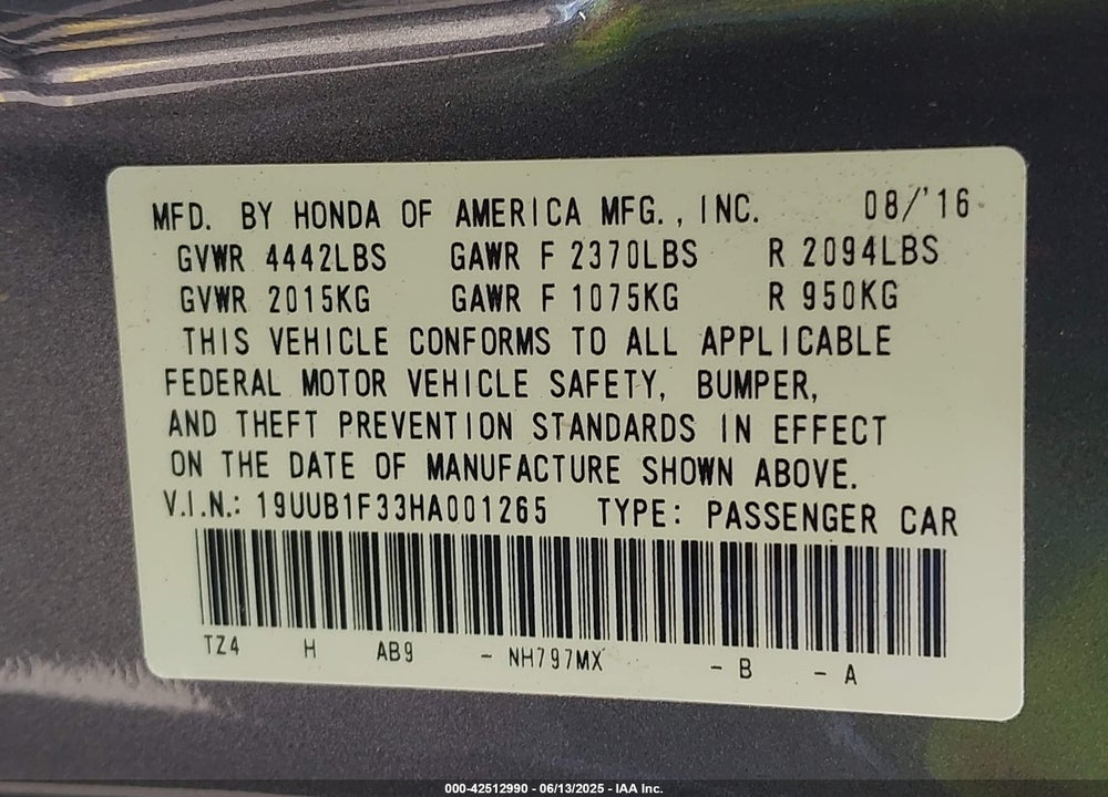 2017 ACURA TLX VIN: 19UUB1F33HA001265
