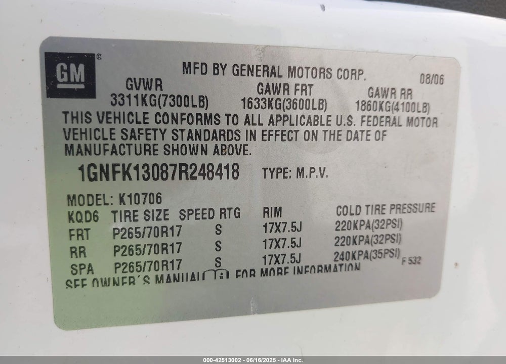 2007 CHEVROLET TAHOE VIN: 1GNFK13087R248418