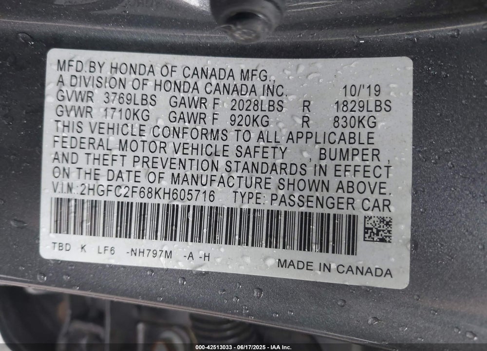 2019 HONDA CIVIC VIN: 2HGFC2F68KH605716