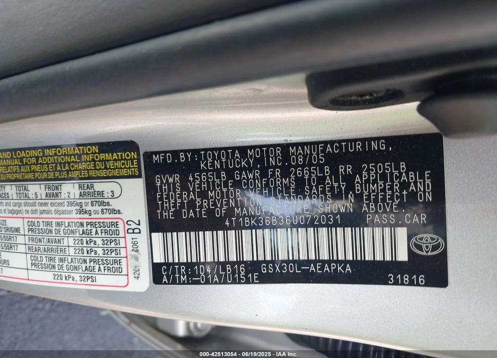 2006 TOYOTA AVALON LIMITED VIN: 4T1BK36B36U072031
