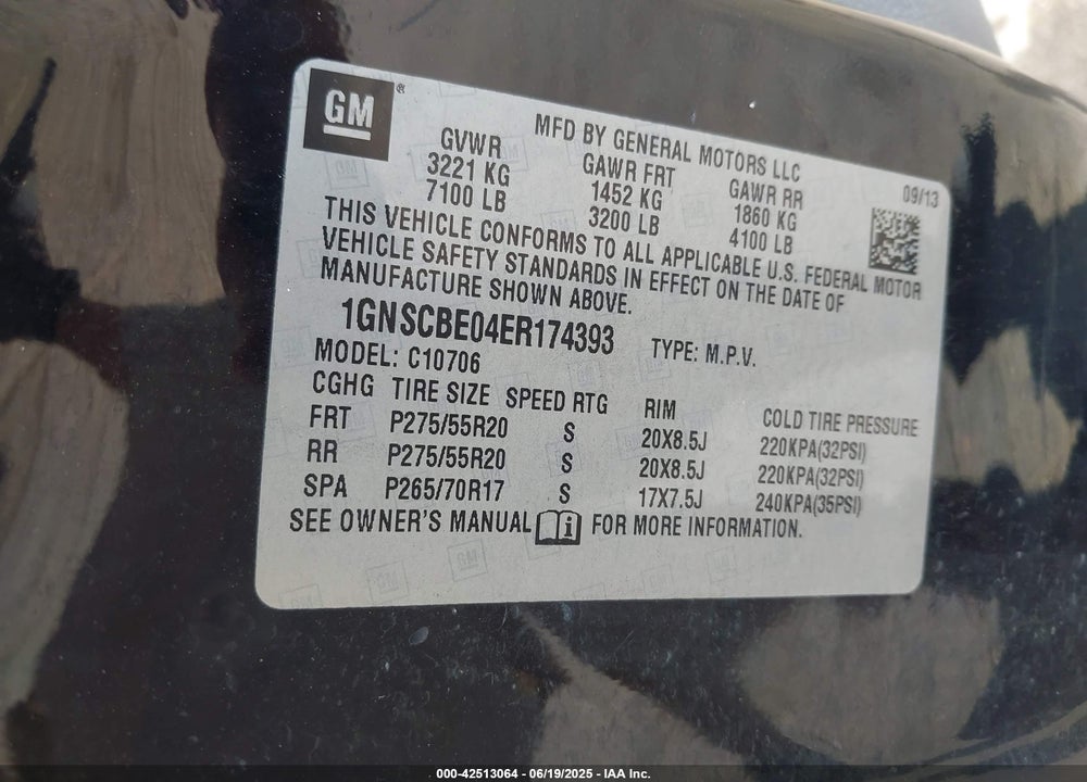 2014 CHEVROLET TAHOE VIN: 1GNSCBE04ER174393