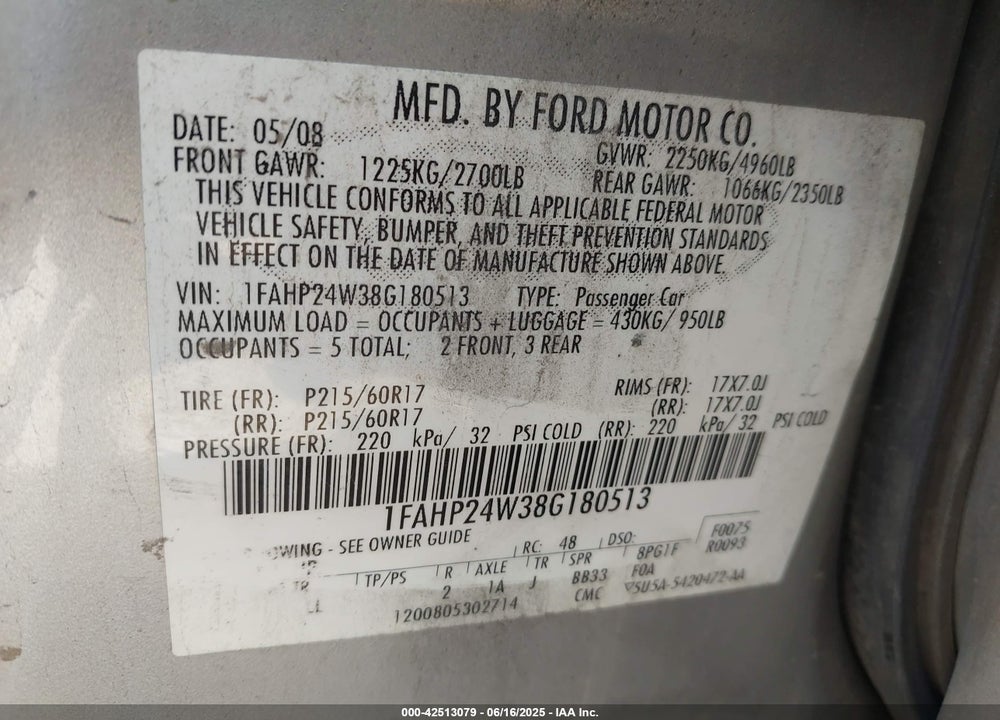 2008 FORD TAURUS VIN: 1FAHP24W38G180513