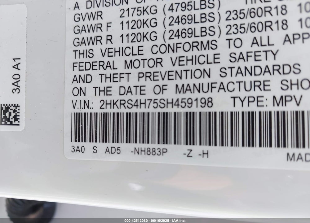 2025 HONDA CR-V EX-L AWD VIN: 2HKRS4H75SH459198