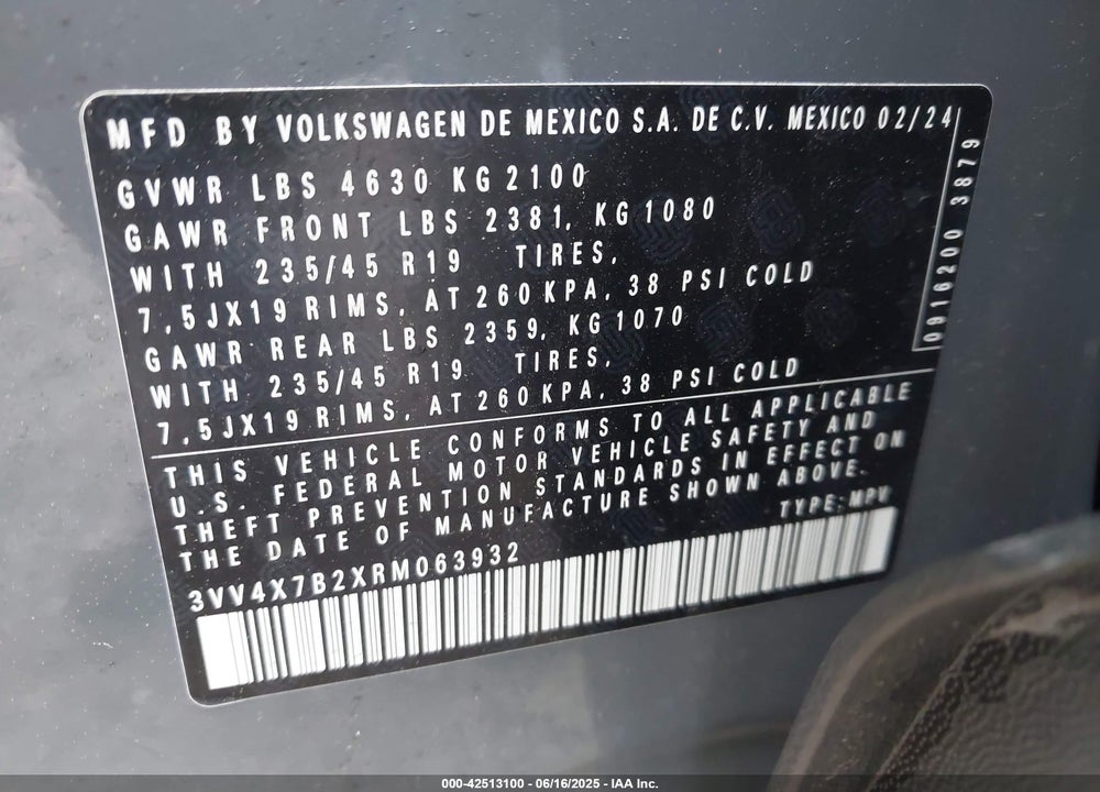 2024 VOLKSWAGEN TAOS VIN: 3VV4X7B2XRM063932