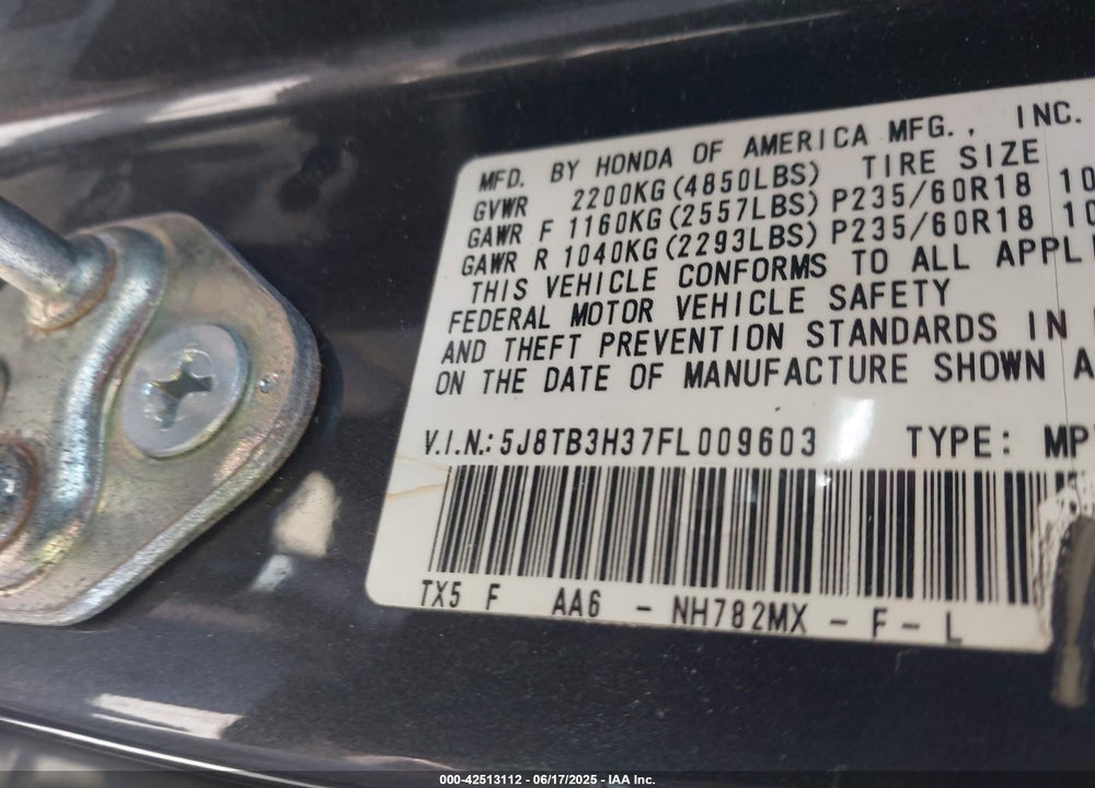2015 ACURA RDX VIN: 5J8TB3H37FL009603