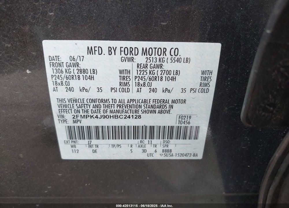 2017 FORD EDGE VIN: 2FMPK4J90HBC24128