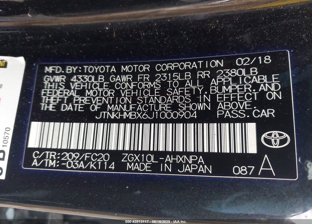 2018 TOYOTA C-HR VIN: JTNKHMBX6J1000904