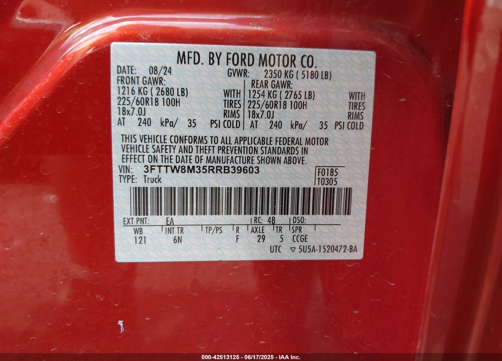 2024 FORD MAVERICK VIN: 3FTTW8M35RRB39603