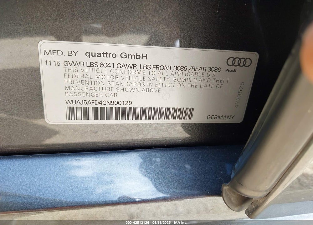 2016 AUDI S8 VIN: WUAJ5AFD4GN900129