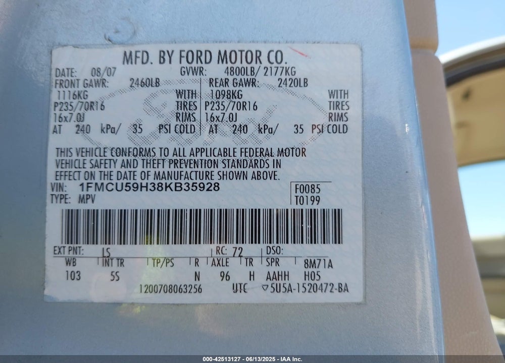 2008 FORD ESCAPE HYBRID VIN: 1FMCU59H38KB35928