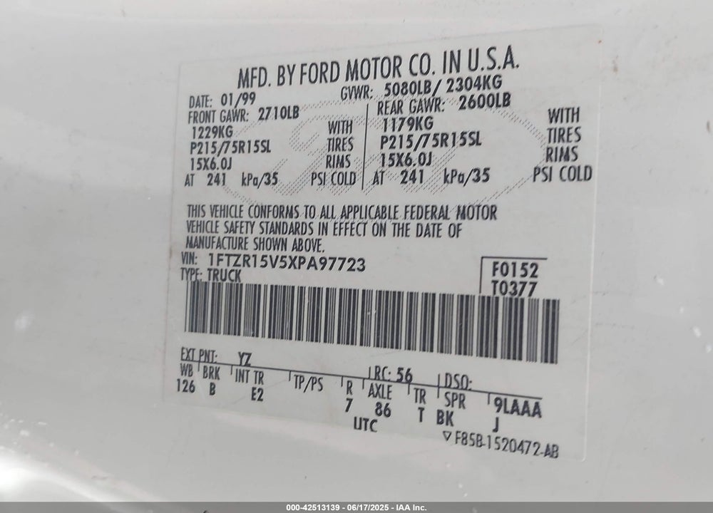 1999 FORD RANGER XL/XLT VIN: 1FTZR15V5XPA97723