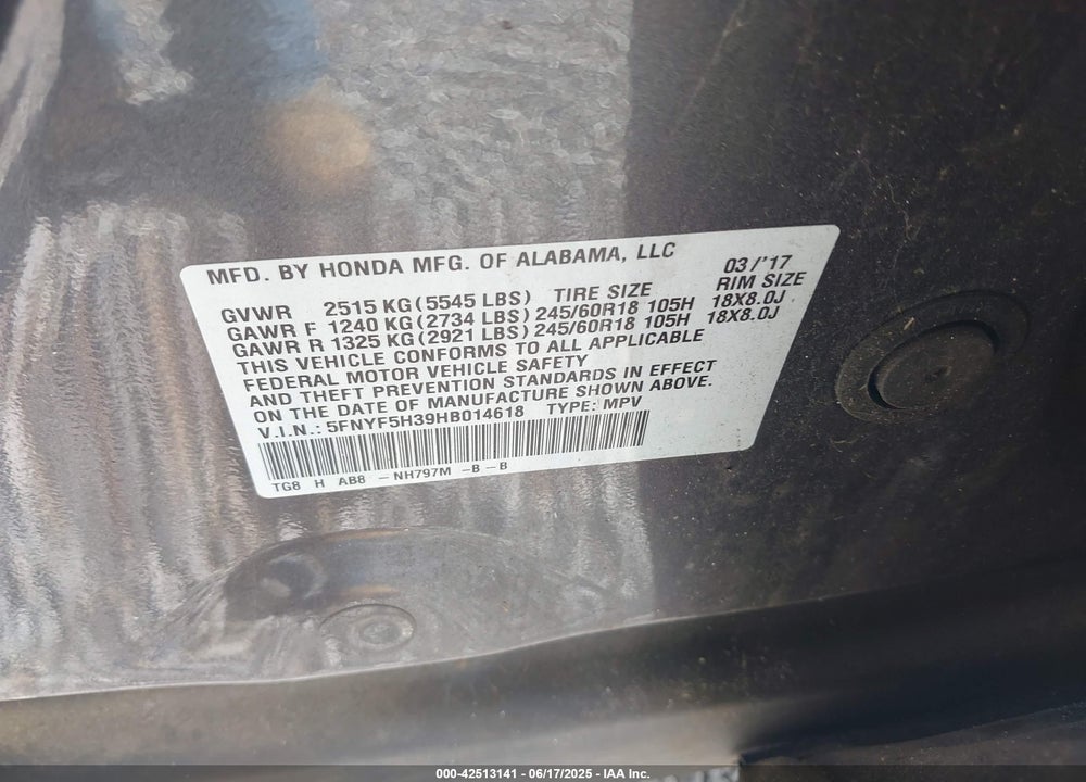 2017 HONDA PILOT EX VIN: 5FNYF5H39HB014618