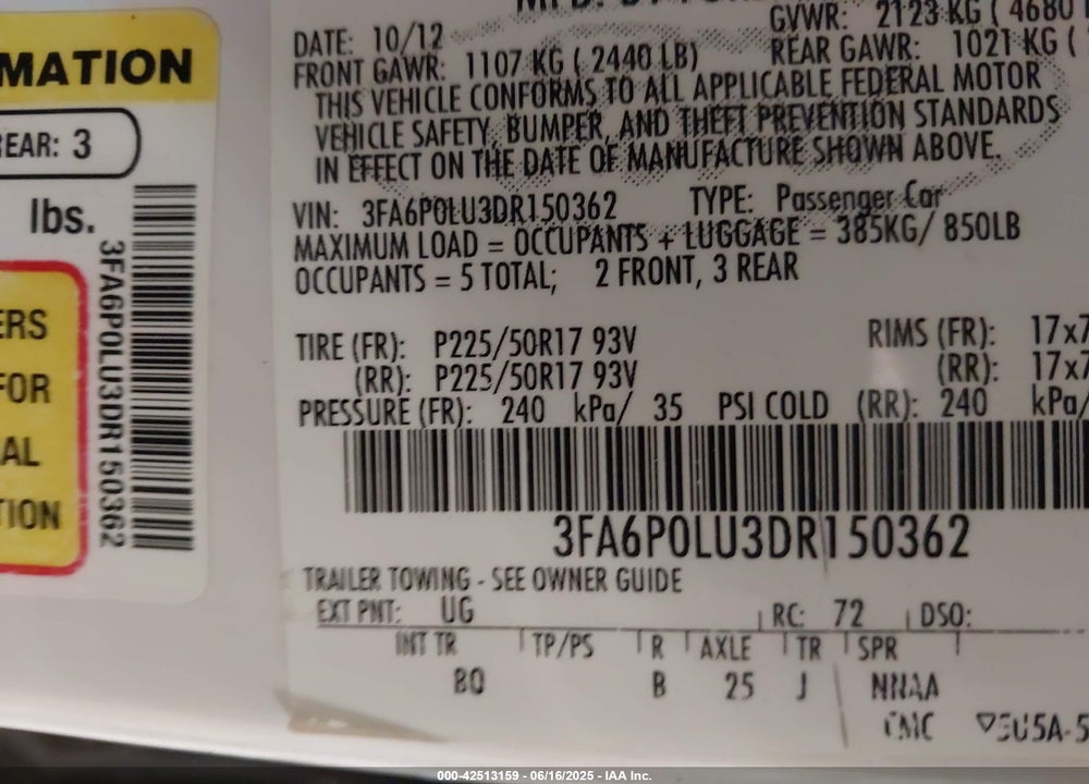 2013 FORD FUSION HYBRID SE VIN: 3FA6P0LU3DR150362