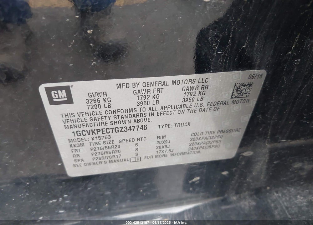 2016 CHEVROLET SILVERADO 1500 VIN: 1GCVKPEC7GZ347746