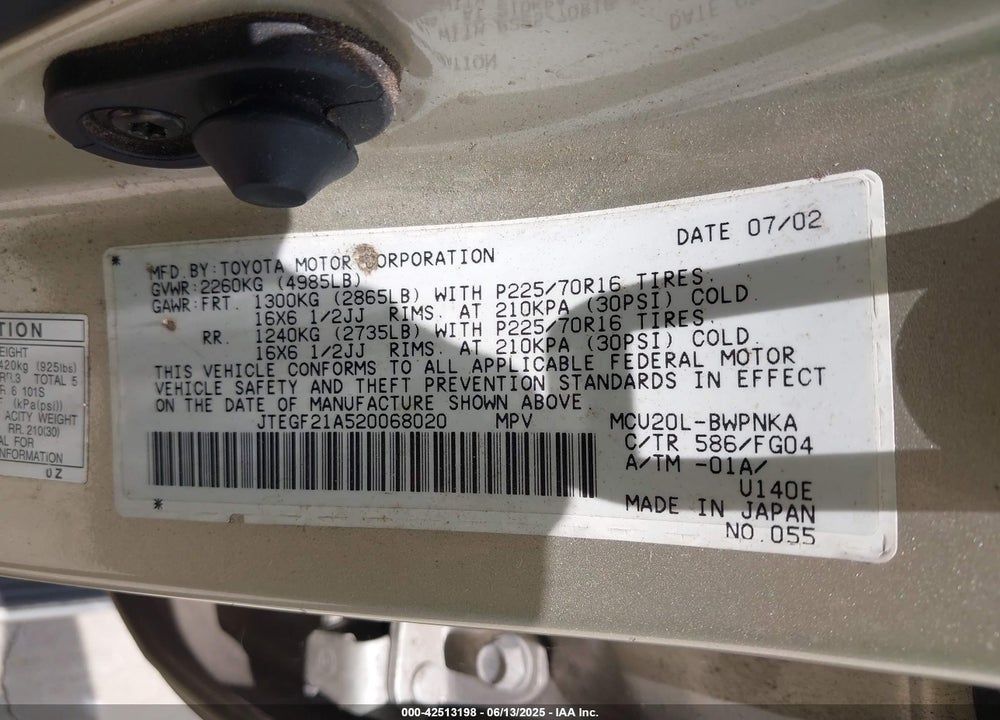 2002 TOYOTA HIGHLANDER V6 VIN: JTEGF21A520068020