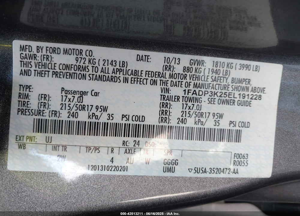 2014 FORD FOCUS VIN: 1FADP3K25EL191228