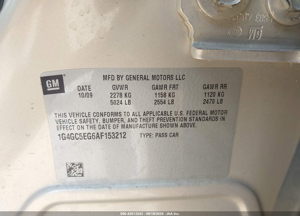 2010 BUICK LACROSSE VIN: 1G4GC5EG6AF153212